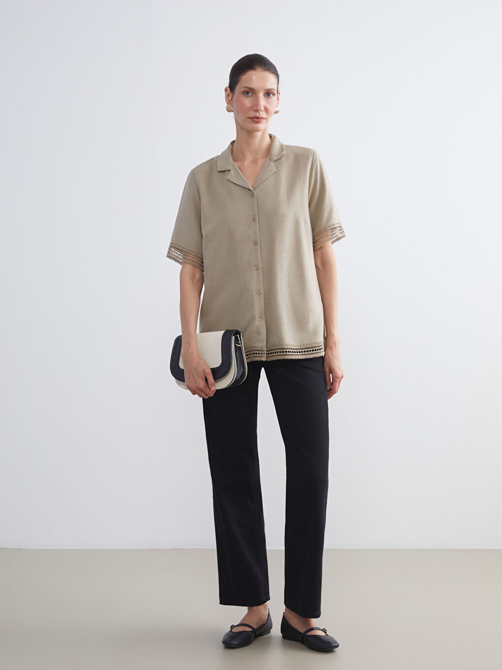 Haki Keten Karışımlı Kadın Gömlek-1