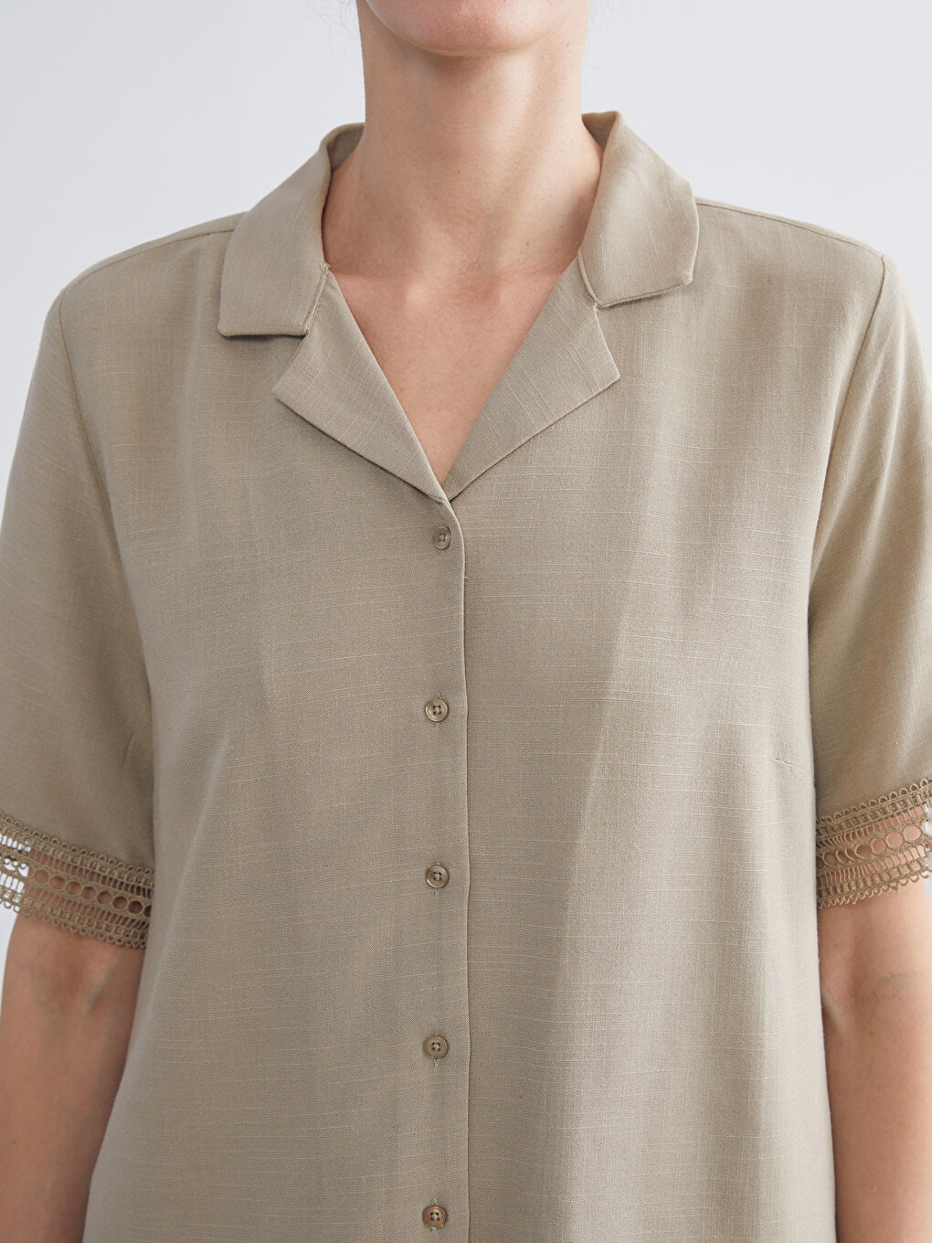 Haki Keten Karışımlı Kadın Gömlek-2