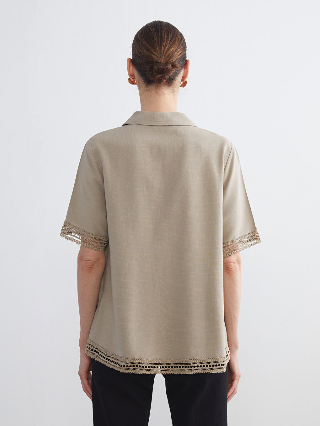 Haki Keten Karışımlı Kadın Gömlek-3