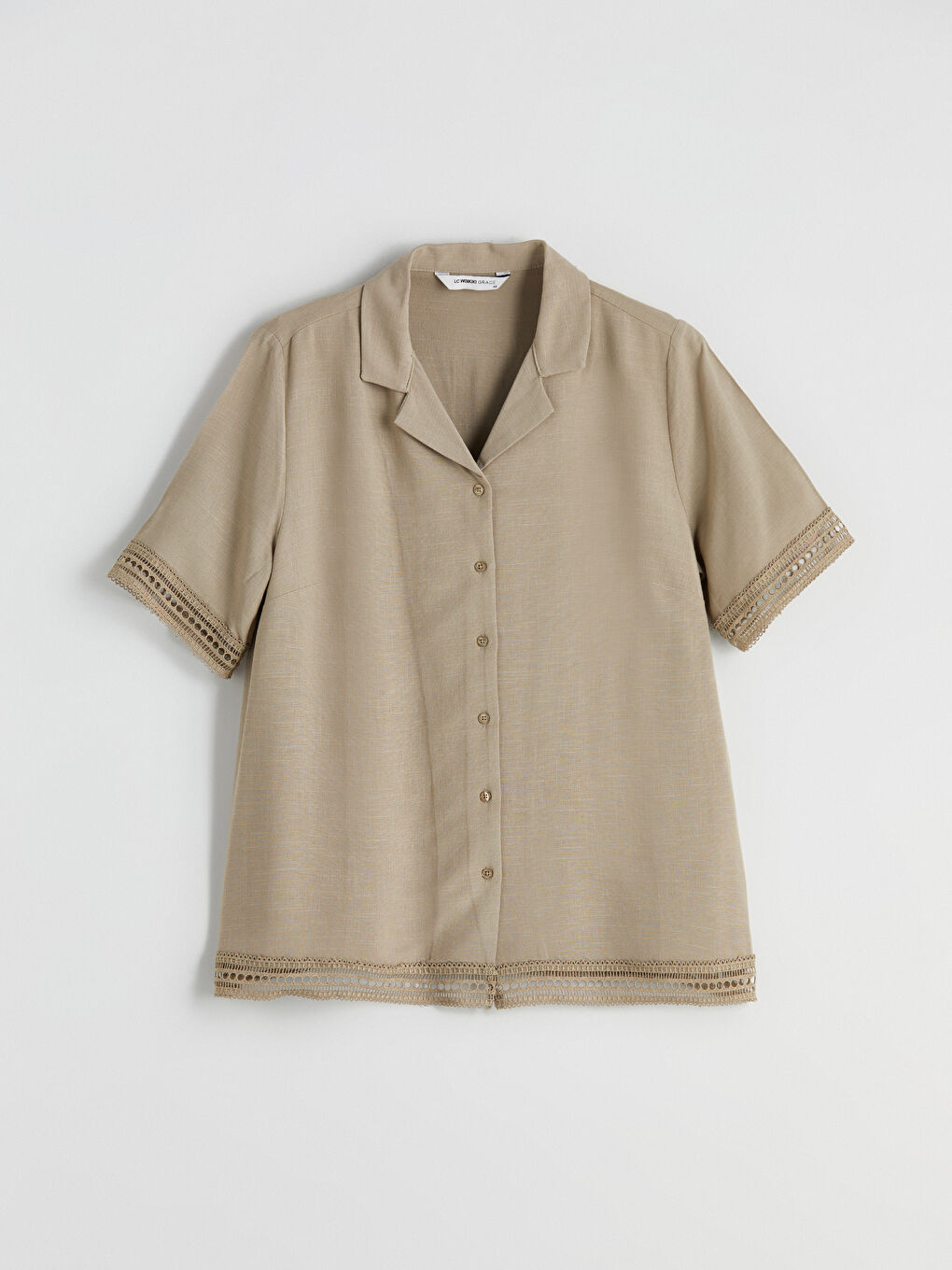 Haki Keten Karışımlı Kadın Gömlek-4