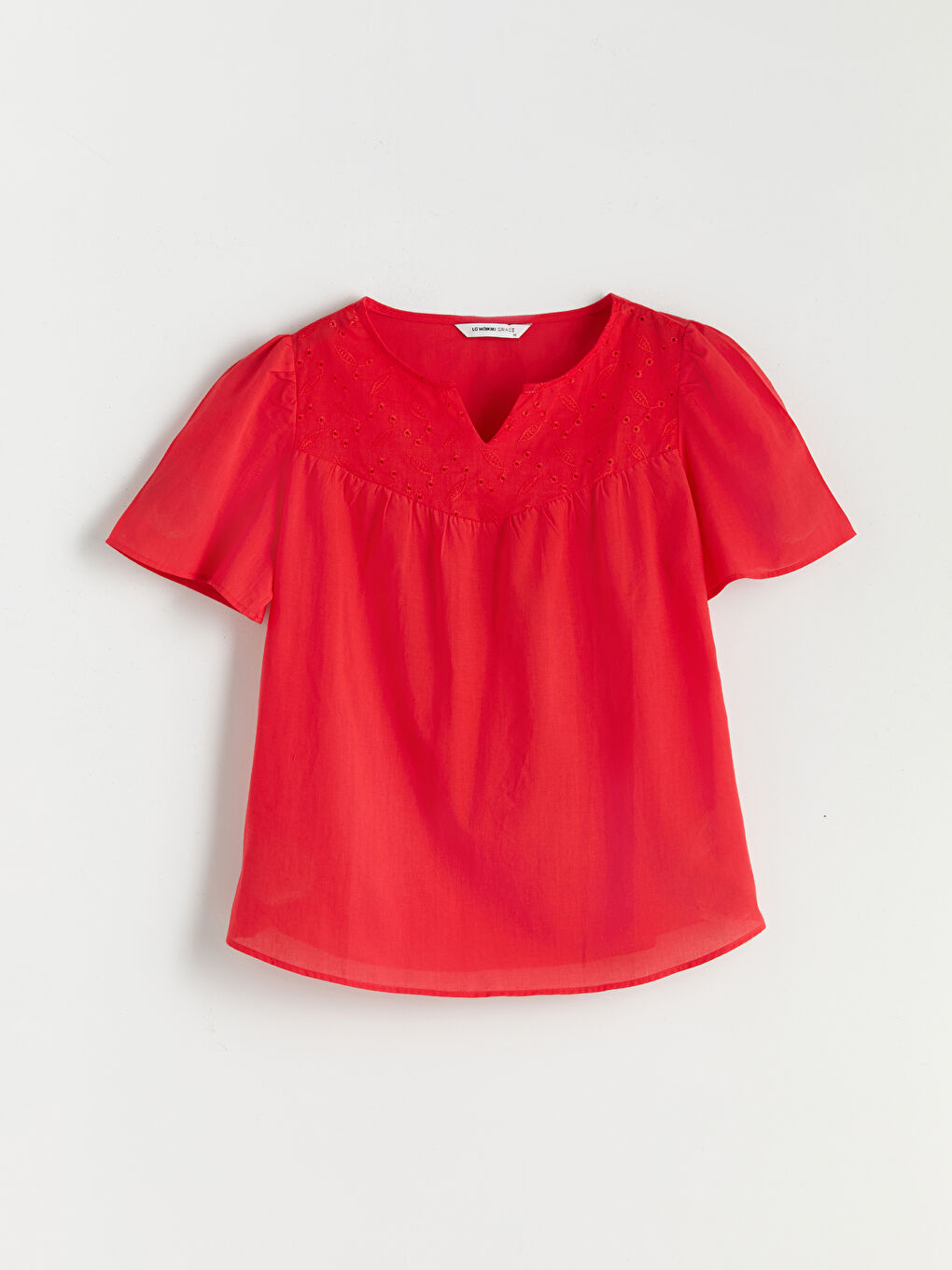 Kırmızı Kaçık Yaka Ajurlu Bluz-4