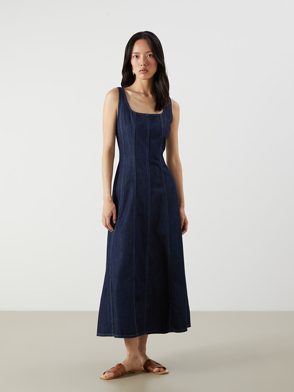 İndigo Kare Yaka Mini Jean Elbise