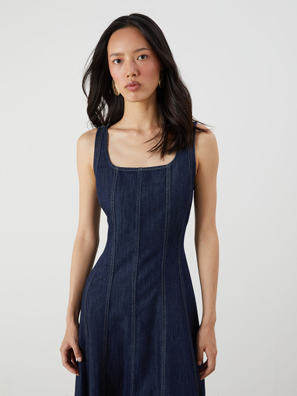 İndigo Kare Yaka Mini Jean Elbise-1