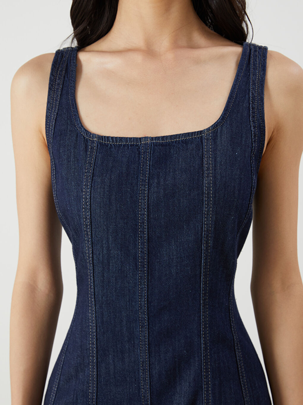 İndigo Kare Yaka Mini Jean Elbise-2