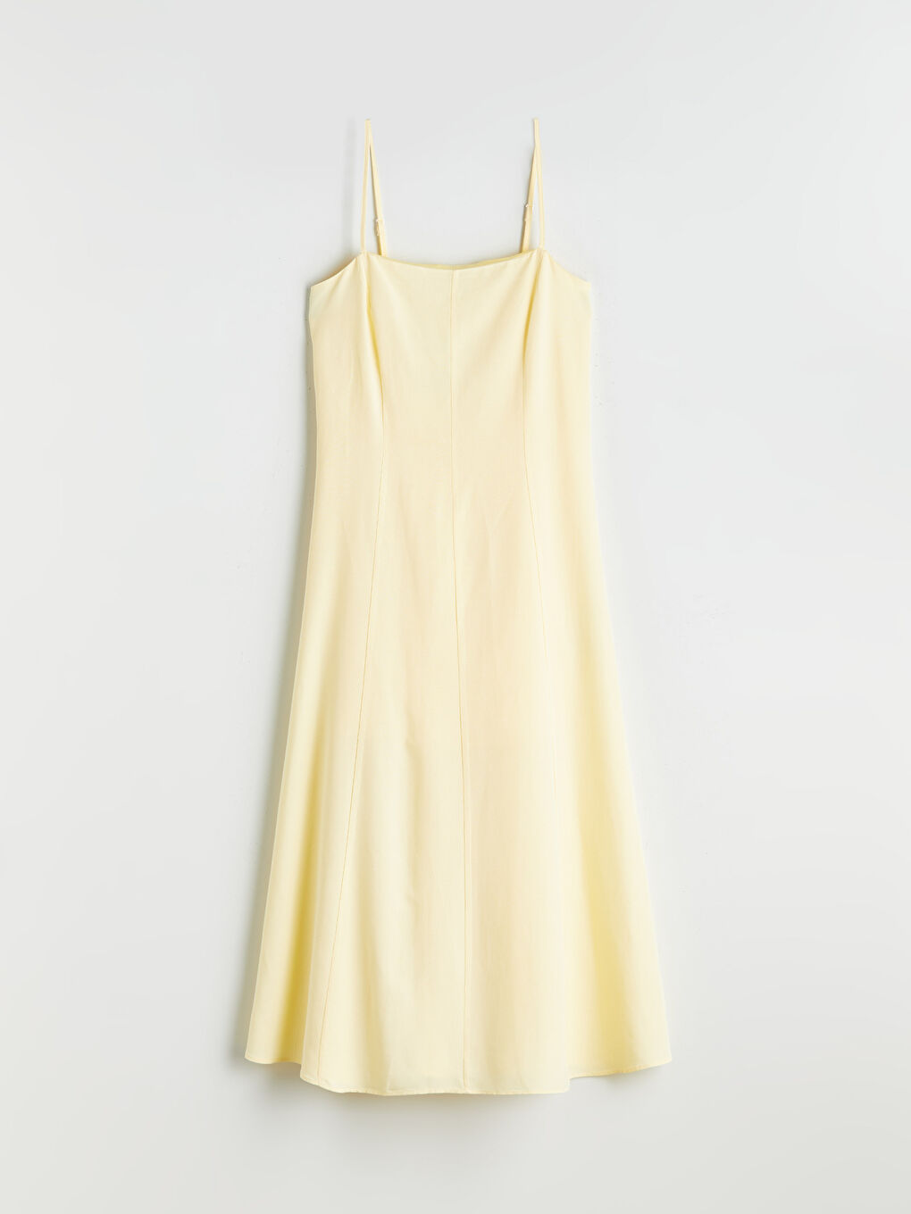 Sarı Kare Yaka Keten Karışımlı Elbise-4