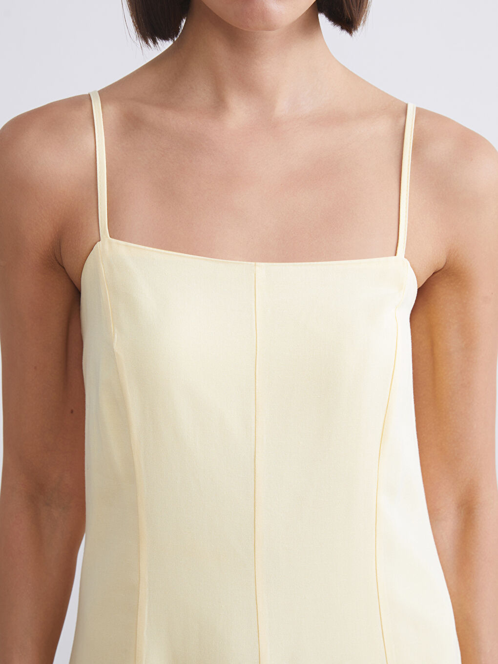 Sarı Kare Yaka Keten Karışımlı Elbise-2