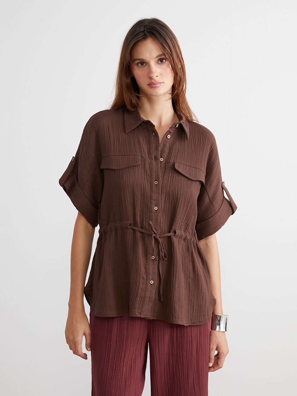 Kahverengi Müslin Kadın Gömlek