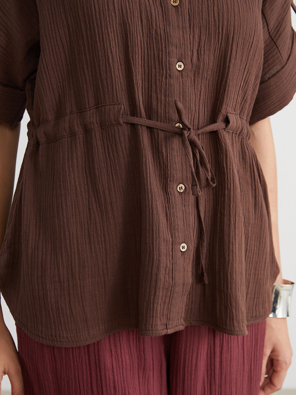 Kahverengi Müslin Kadın Gömlek-2