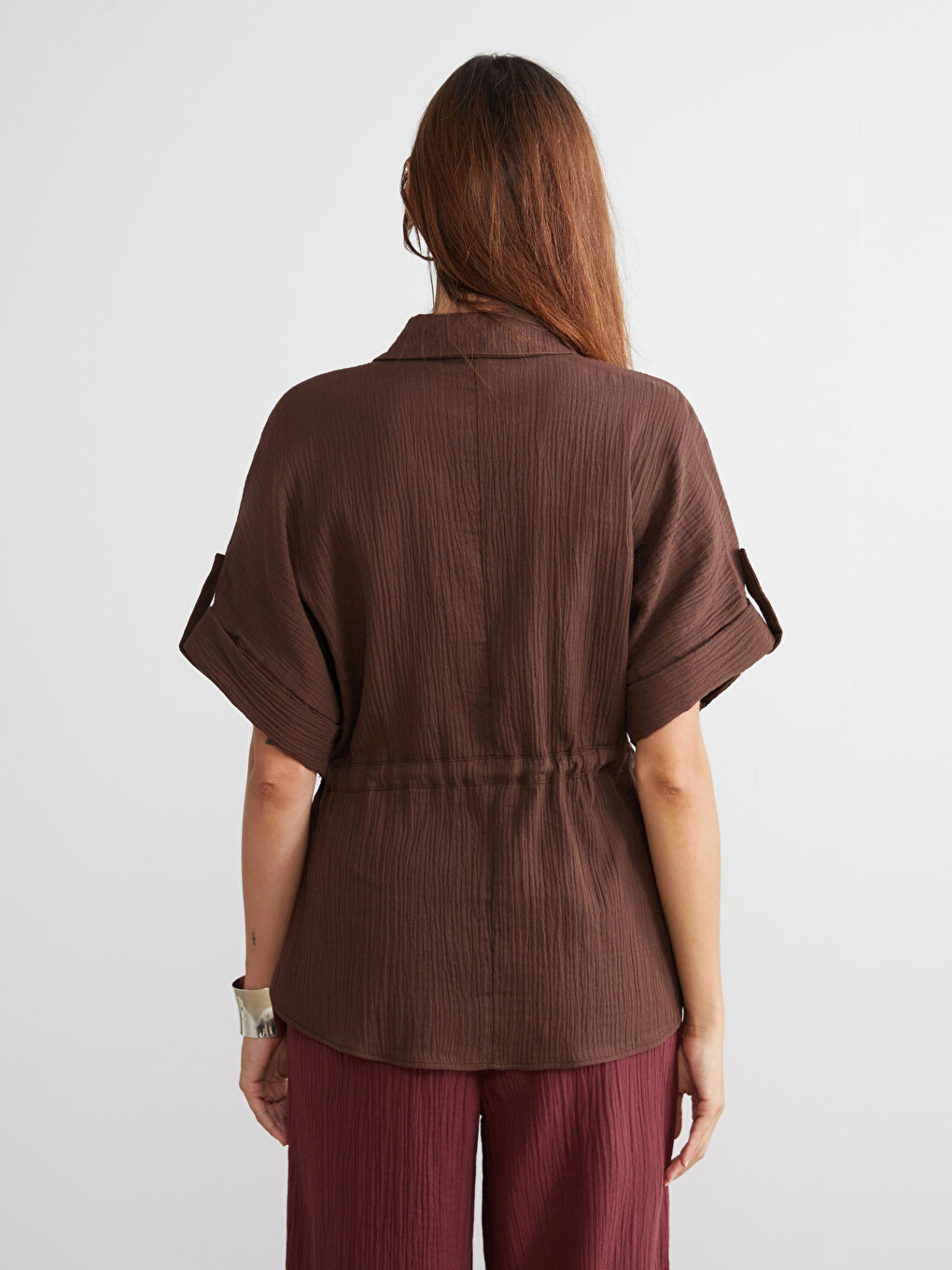 Kahverengi Müslin Kadın Gömlek-3