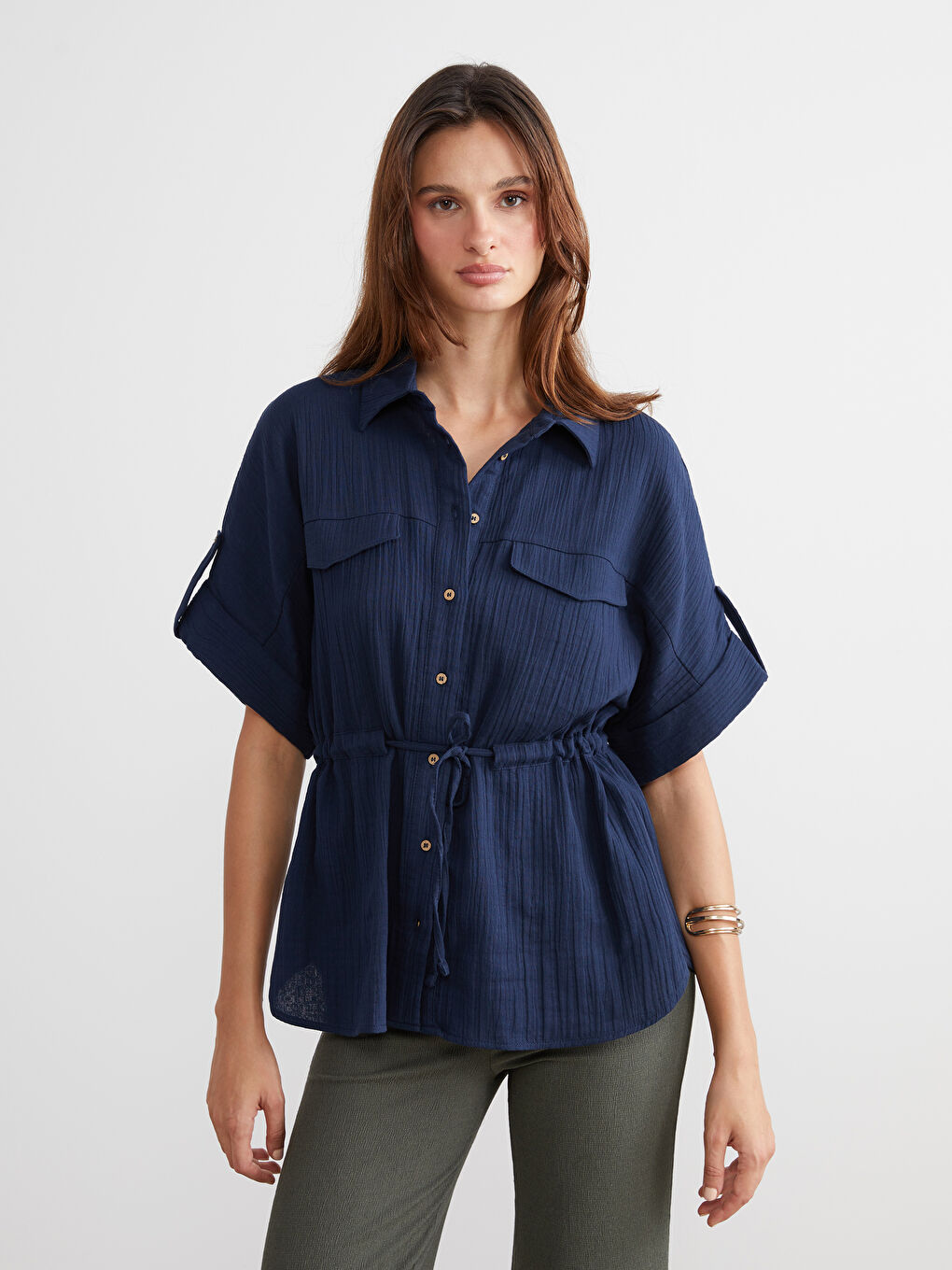 Lacivert Müslin Kadın Gömlek