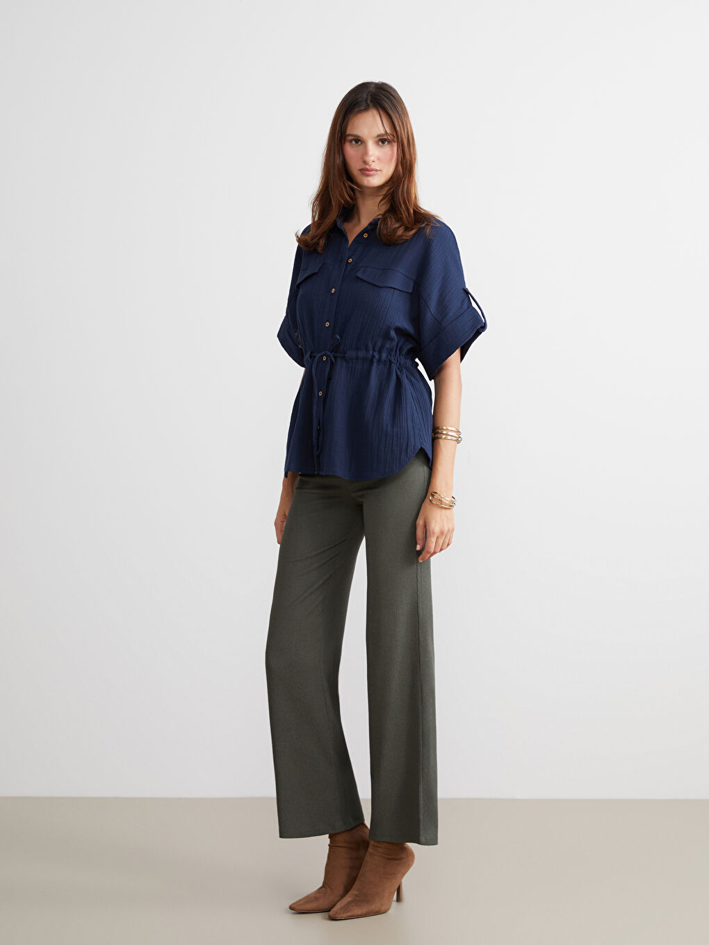 Lacivert Müslin Kadın Gömlek-1