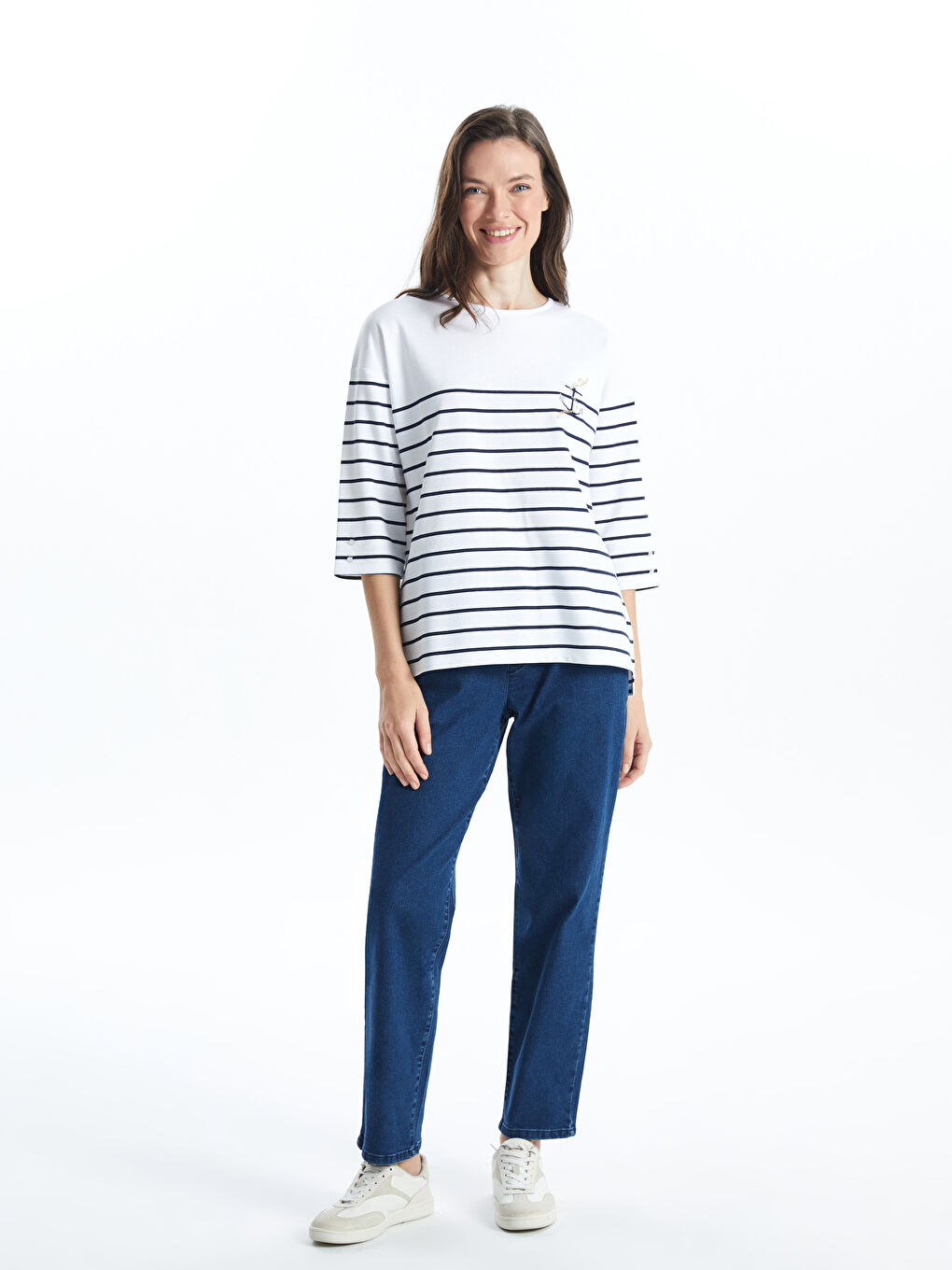 Әйелдерге арналған жолақты трикотаж футболка-1