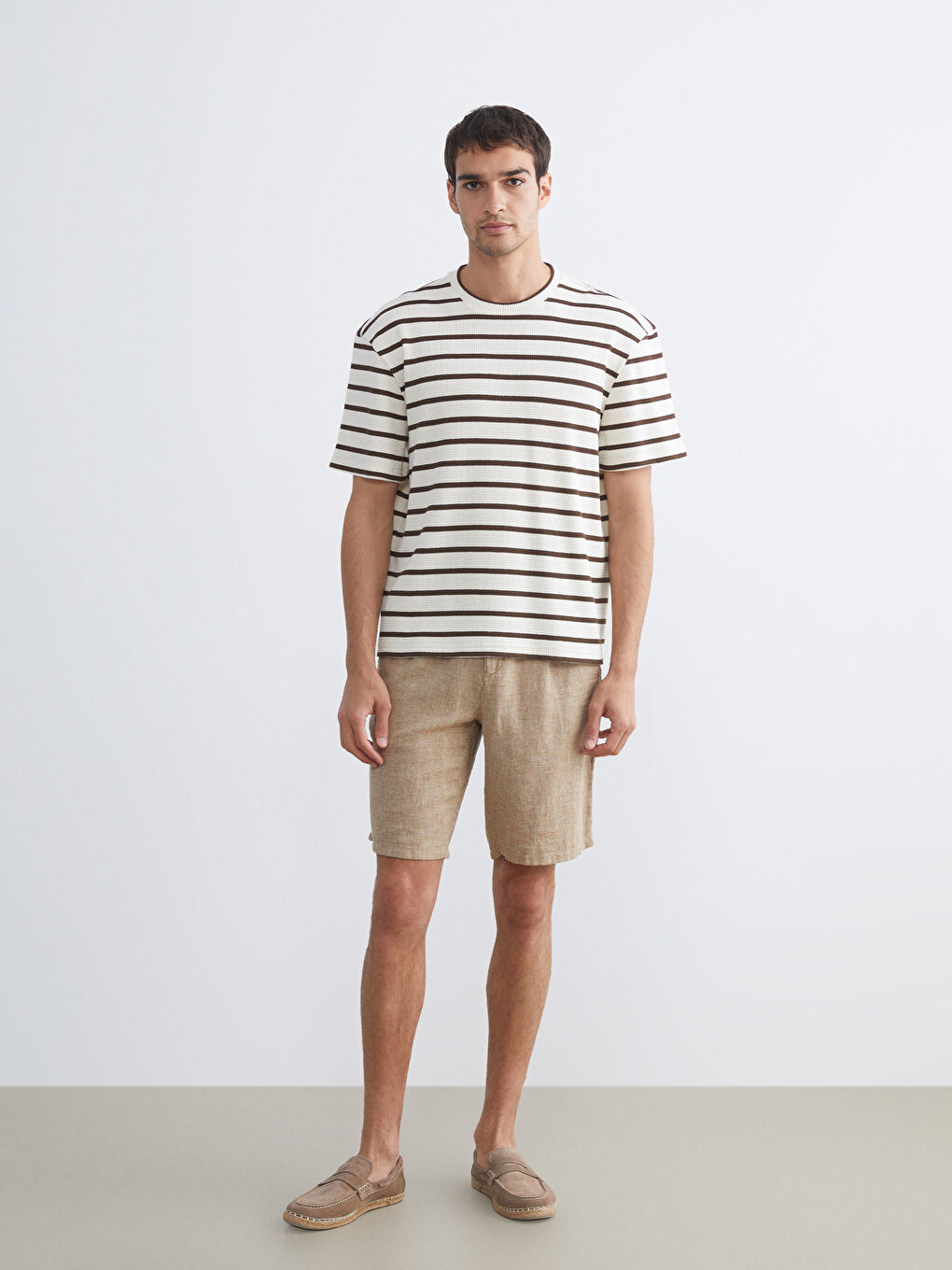 Kahverengi Bisiklet Yaka Çizgili Penye Erkek Tişört-1