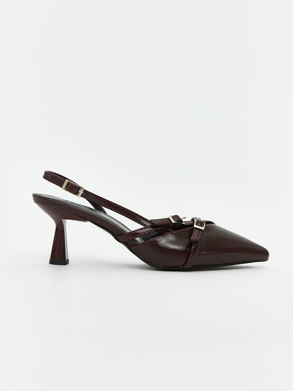 Bordo Deri Görünümlü Sivri Burun Kadın Topuklu Ayakkabı-1