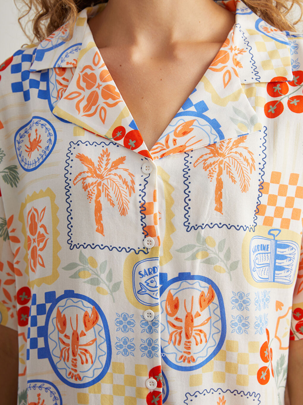 Ekru Gömlek Yaka Desenli Kadın Şortlu Pijama Takımı-2