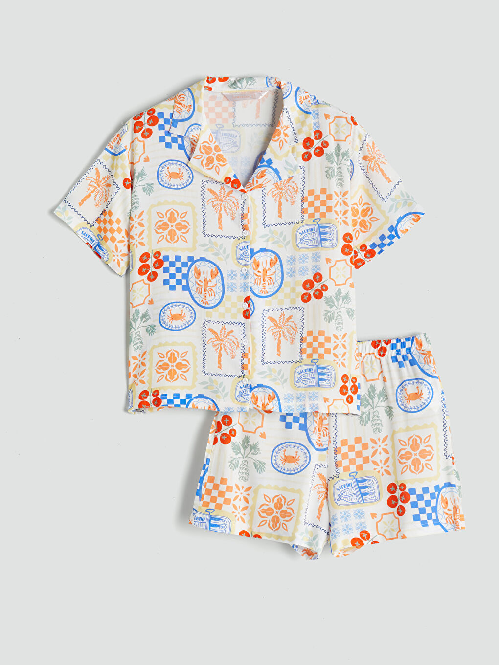 Ekru Gömlek Yaka Desenli Kadın Şortlu Pijama Takımı-4