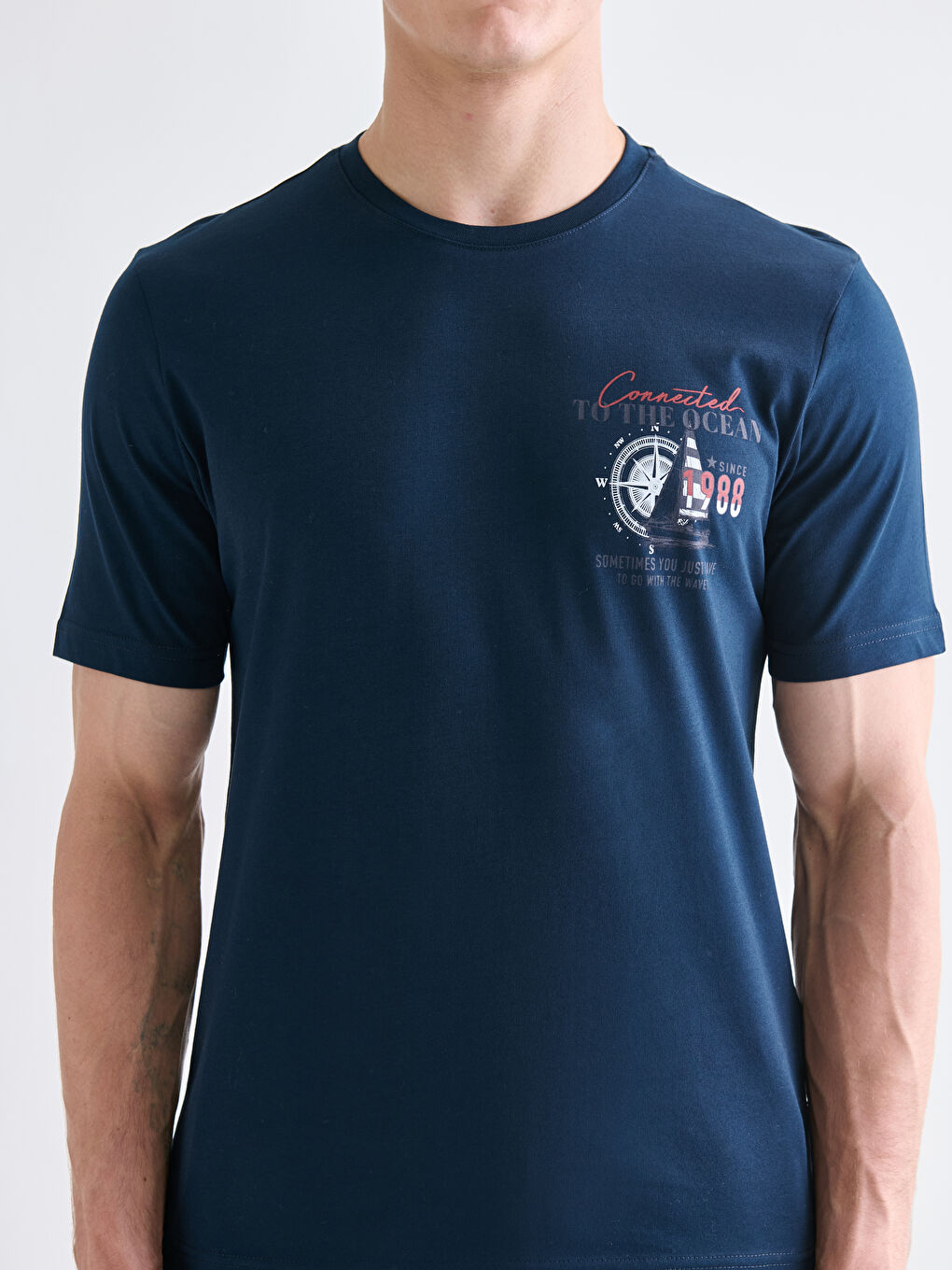 Lacivert Bisiklet Yaka Baskılı Penye Erkek Tişört-2