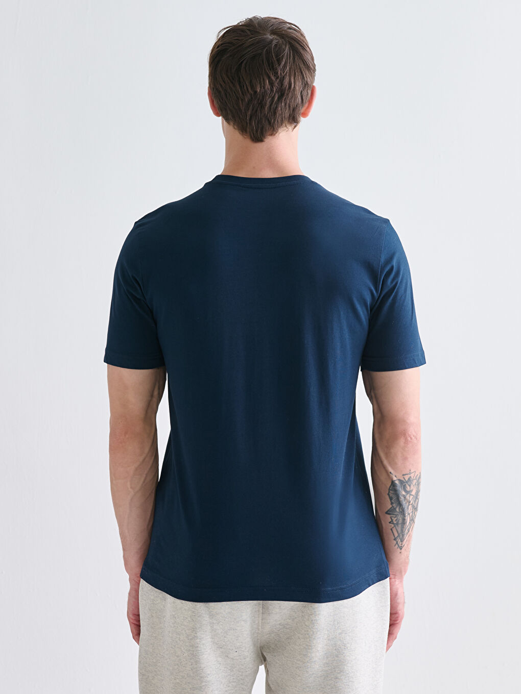 Lacivert Bisiklet Yaka Baskılı Penye Erkek Tişört-3