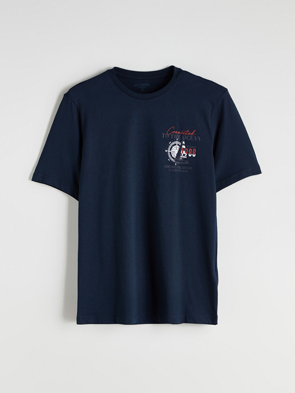 Lacivert Bisiklet Yaka Baskılı Penye Erkek Tişört-4