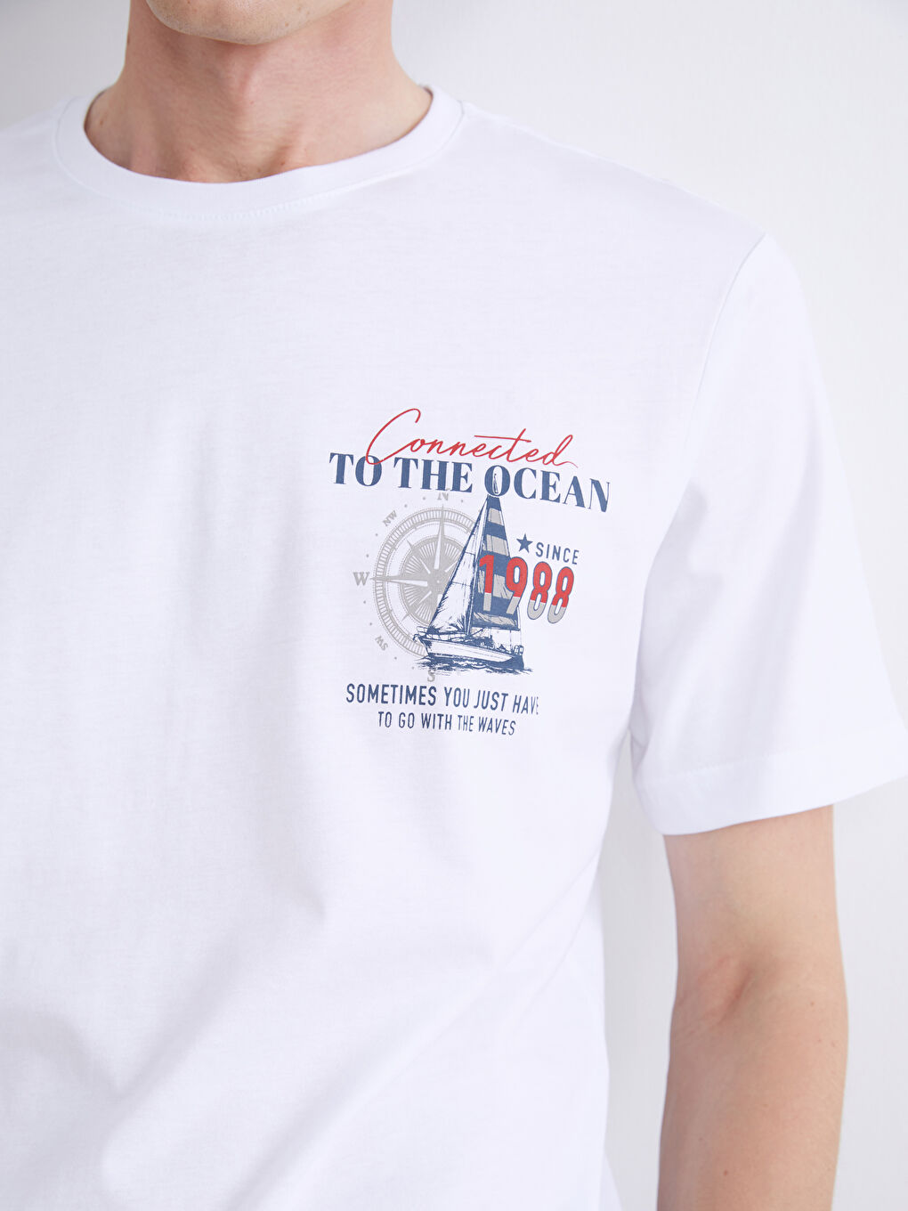 Beyaz Bisiklet Yaka Baskılı Penye Erkek Tişört-2