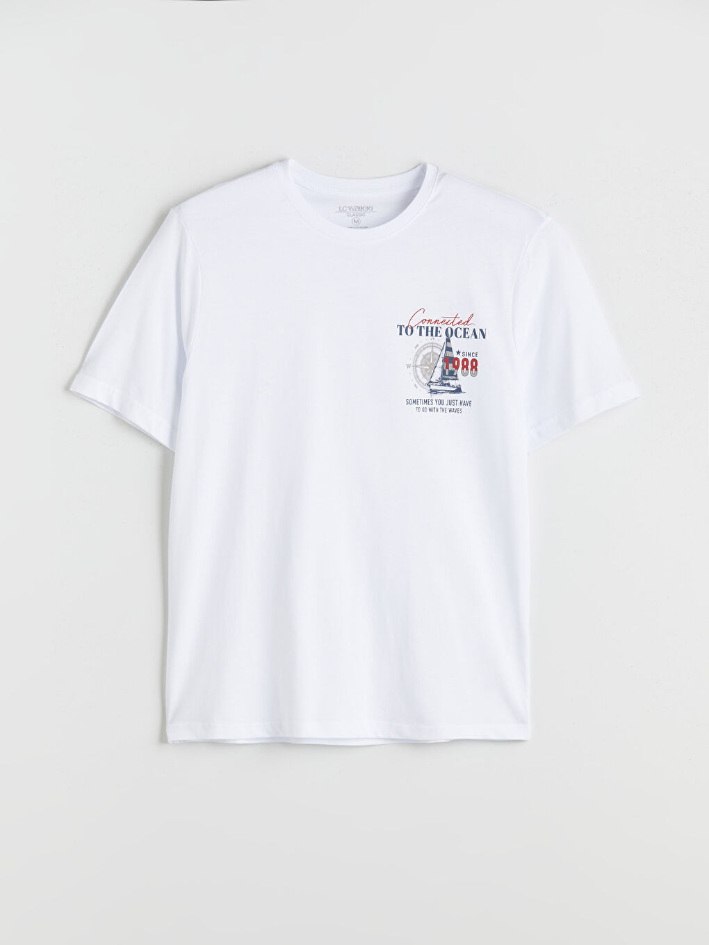 Beyaz Bisiklet Yaka Baskılı Penye Erkek Tişört-4