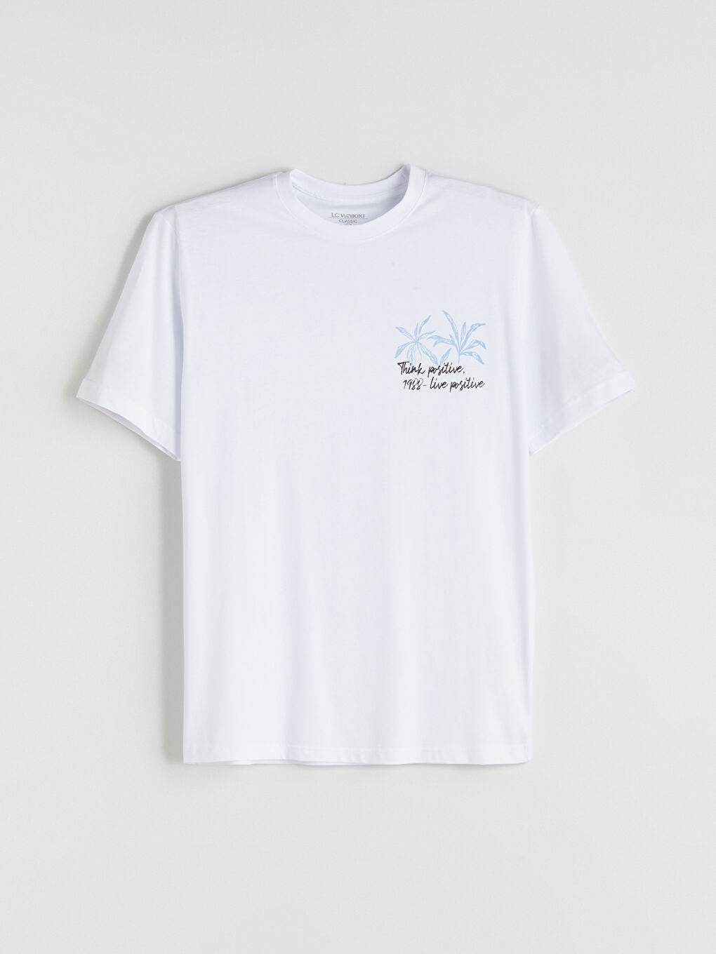 Beyaz Bisiklet Yaka Baskılı Penye Erkek Tişört-4