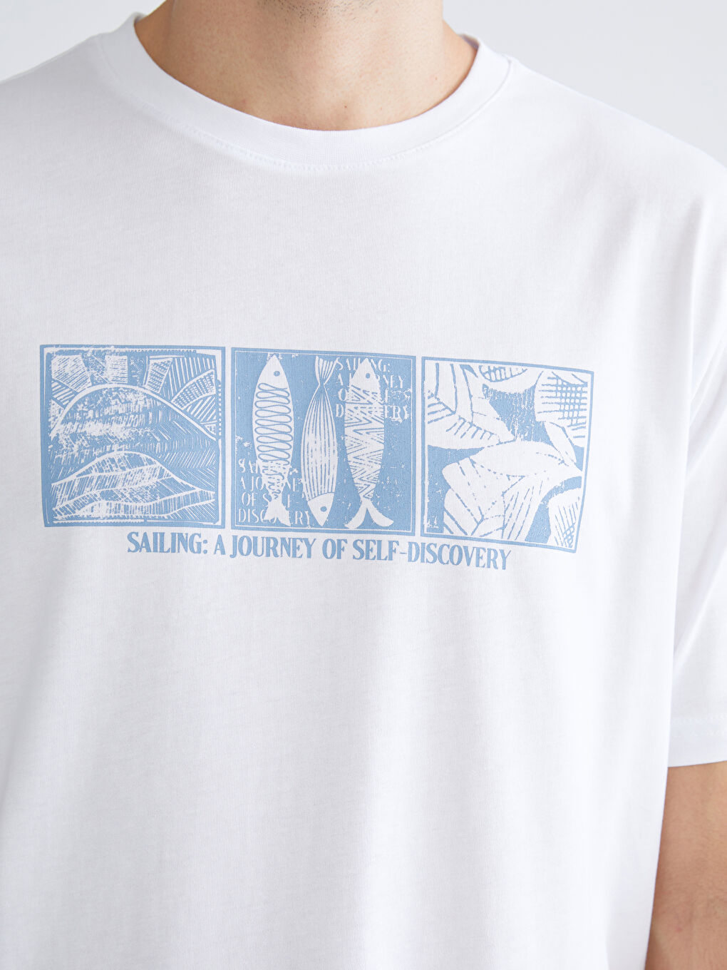 Beyaz Bisiklet Yaka Baskılı Penye Erkek Tişört-2