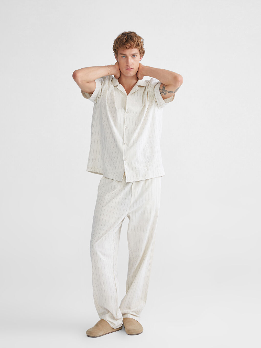 Ekru Rahat Kalıp Keten Karışımlı Erkek Pantolon