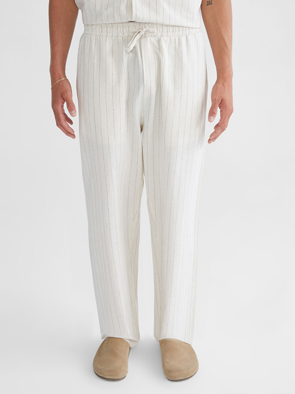 Ekru Rahat Kalıp Keten Karışımlı Erkek Pantolon-3