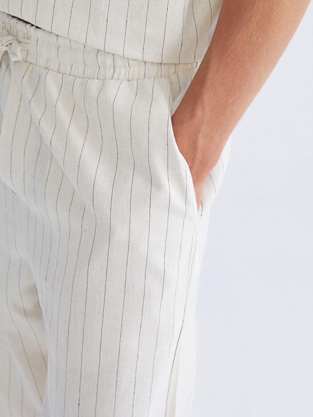 Ekru Rahat Kalıp Keten Karışımlı Erkek Pantolon-5