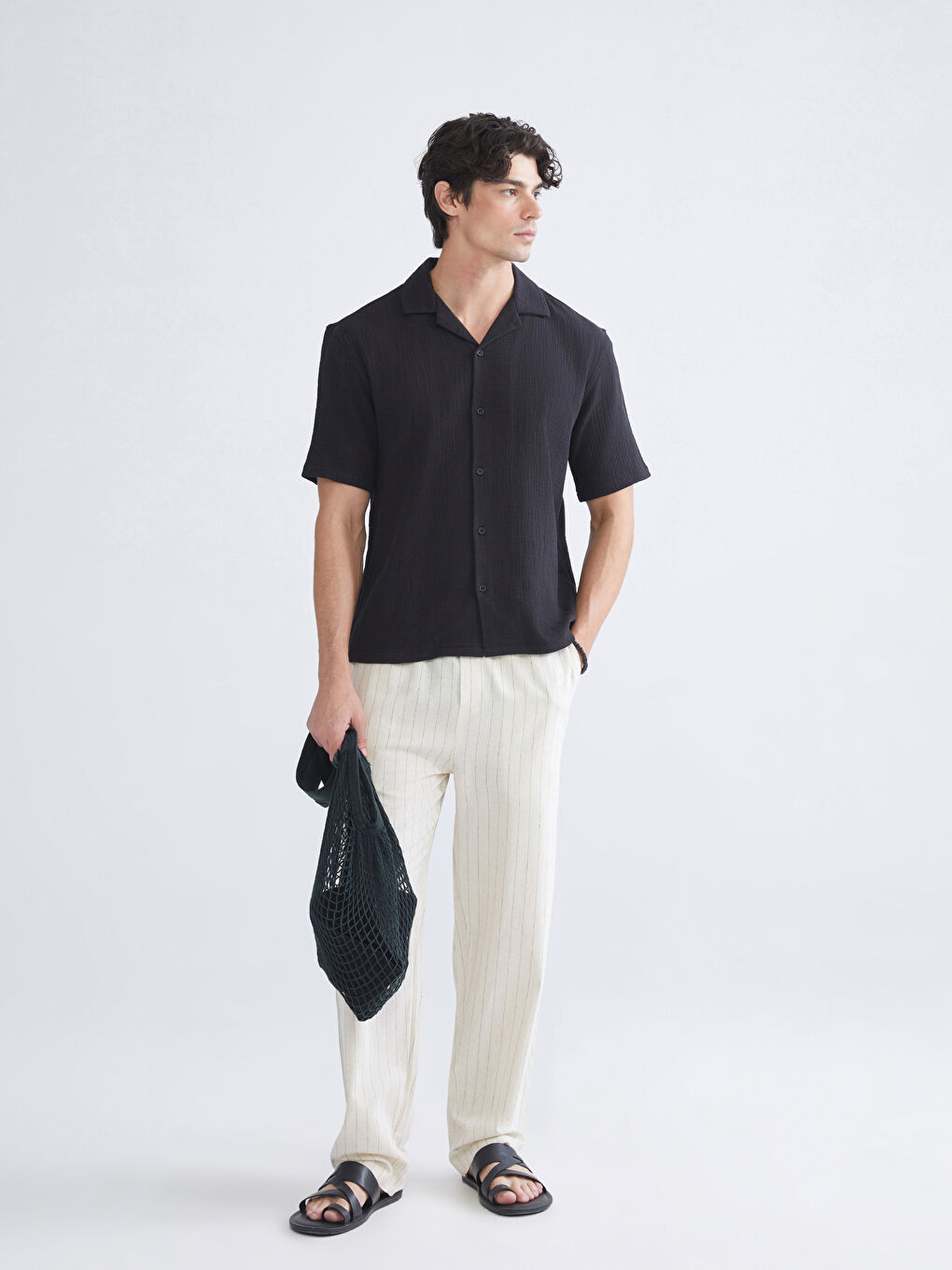 Ekru Rahat Kalıp Keten Karışımlı Erkek Pantolon-1