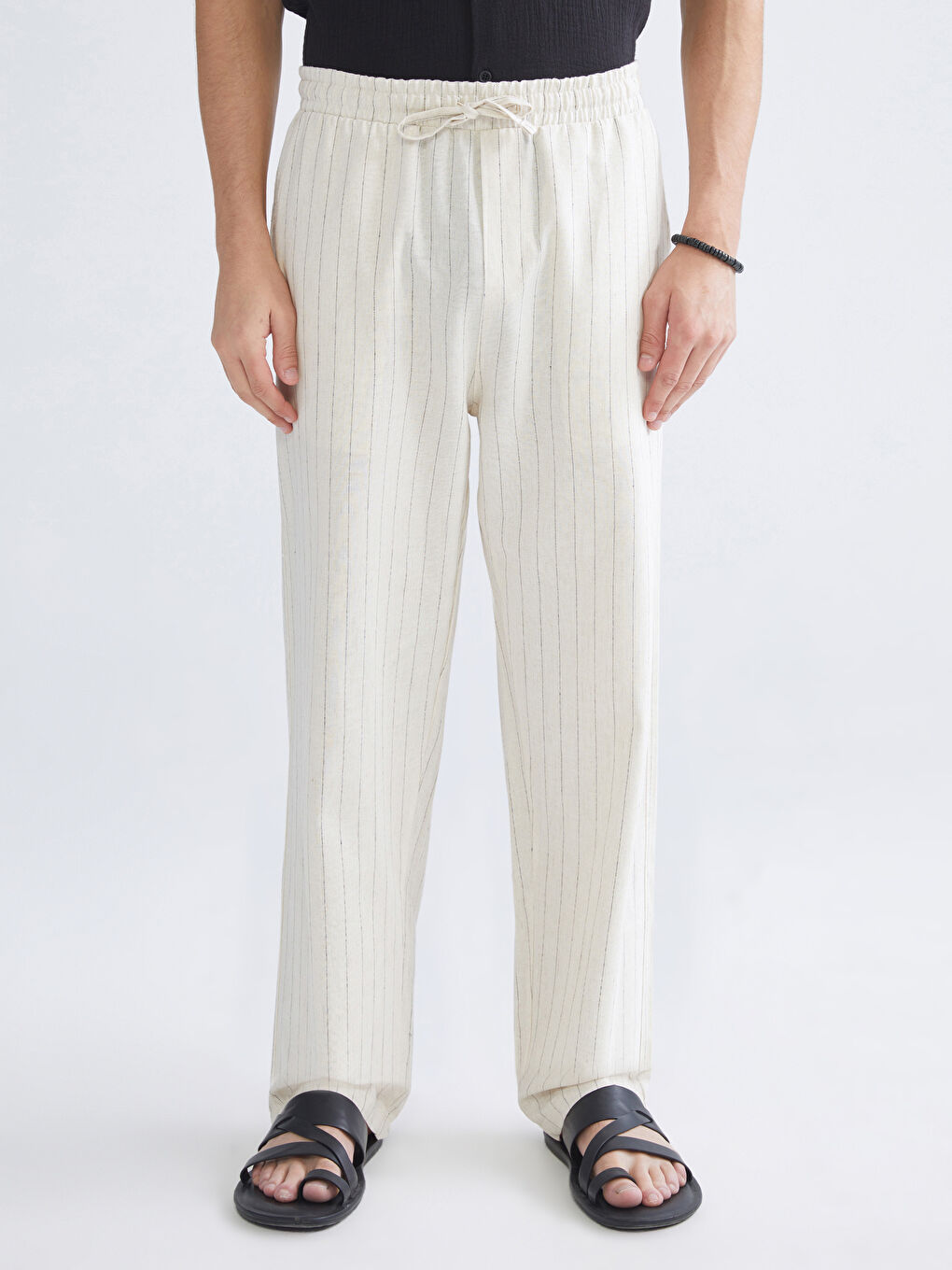 Ekru Rahat Kalıp Keten Karışımlı Erkek Pantolon-2