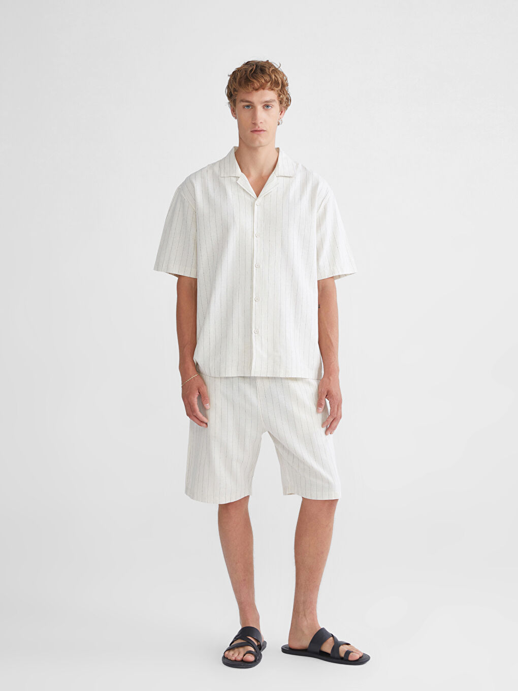 قميص للرجال خليط كتان بياقة ريزورت وقصة عادية مخطط كم قصير-1