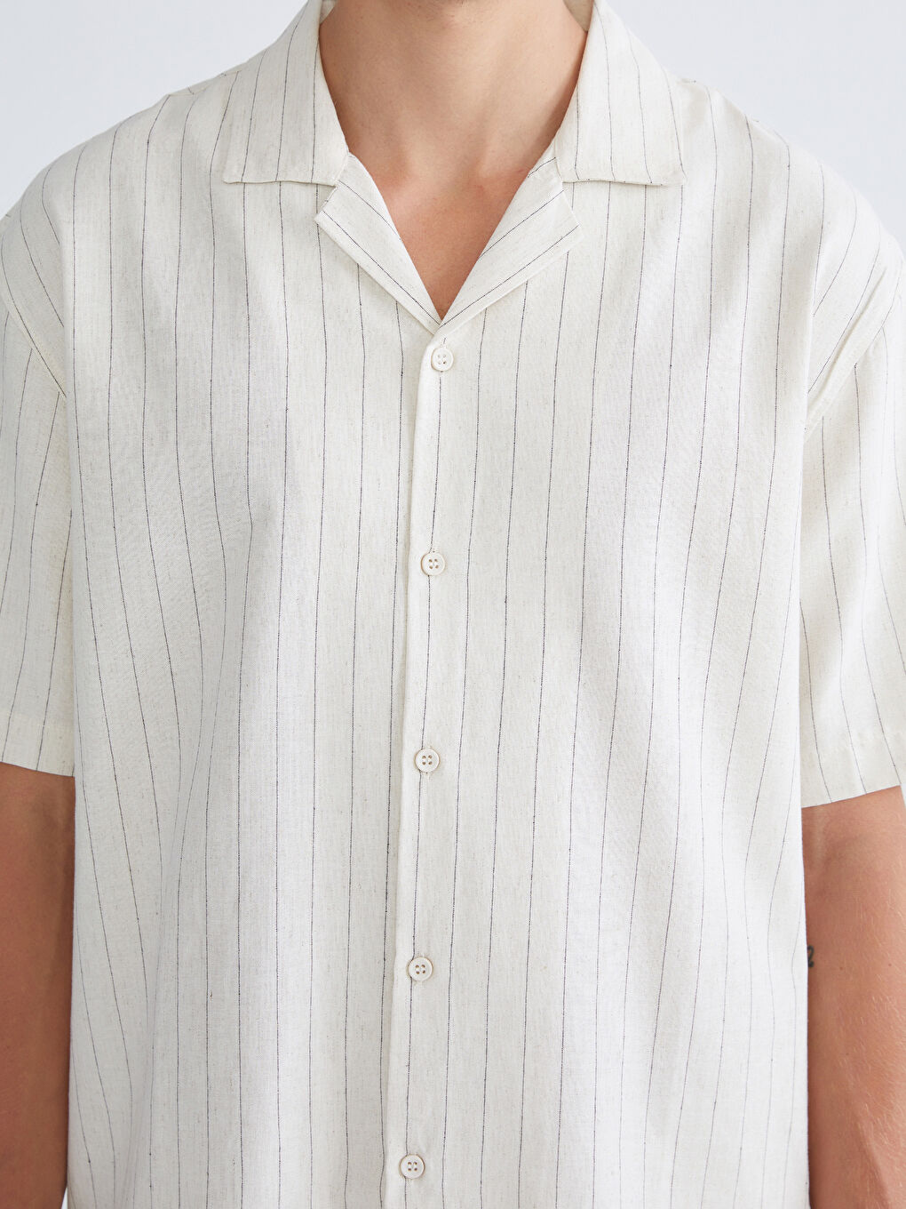 قميص للرجال خليط كتان بياقة ريزورت وقصة عادية مخطط كم قصير-2