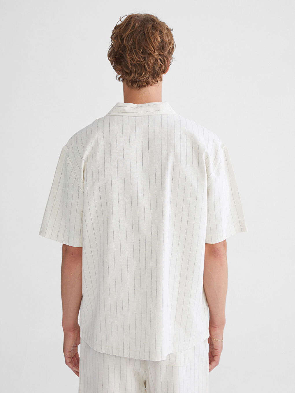 قميص للرجال خليط كتان بياقة ريزورت وقصة عادية مخطط كم قصير-3