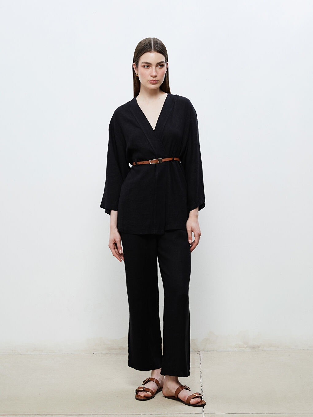 Siyah Şal Yaka Kemerli Kadın Kimono-1