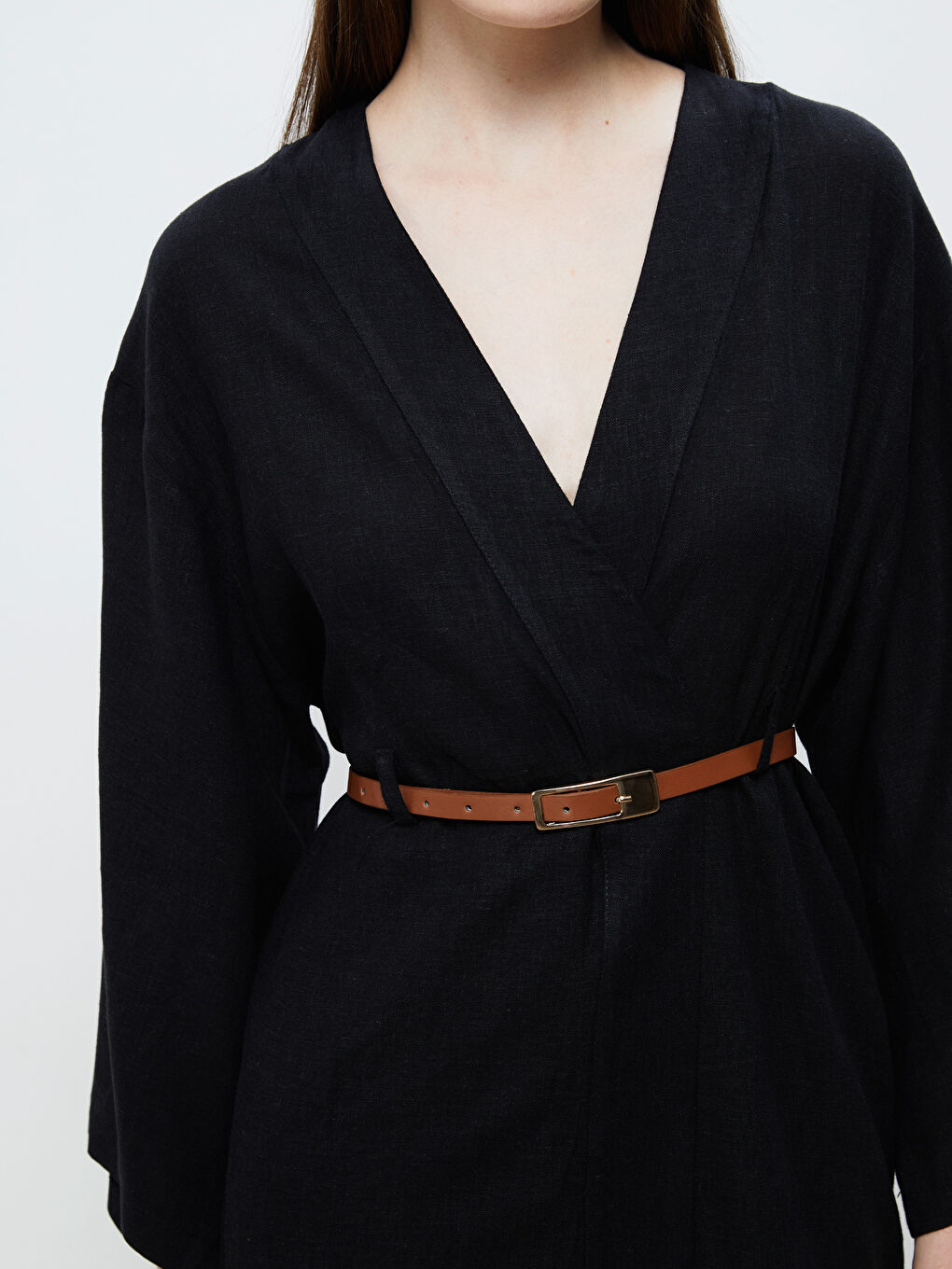 Siyah Şal Yaka Kemerli Kadın Kimono-2