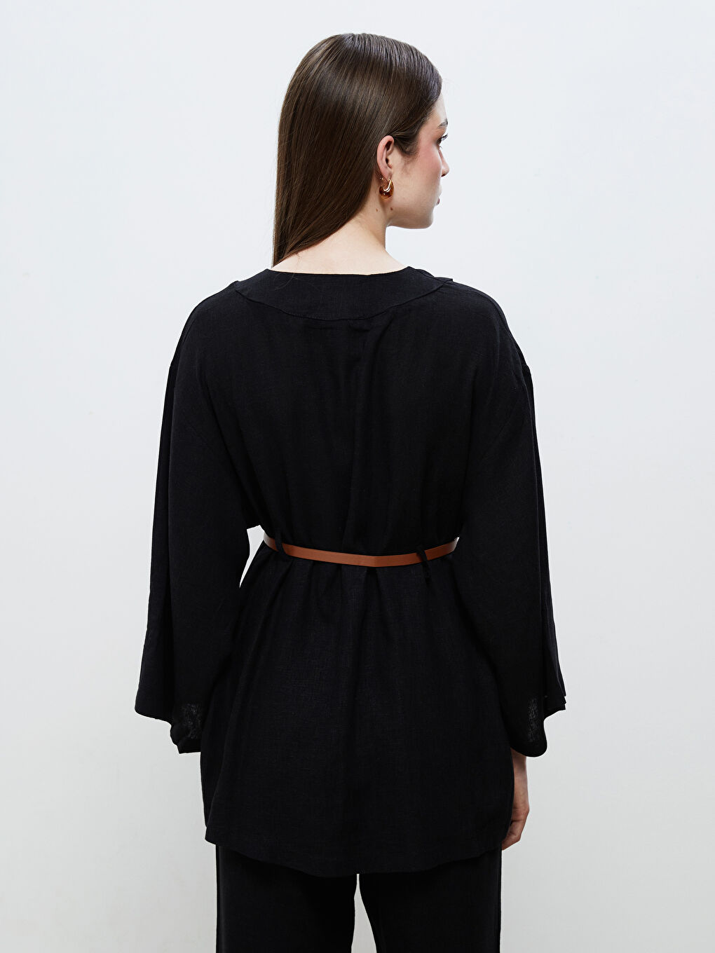 Siyah Şal Yaka Kemerli Kadın Kimono-3