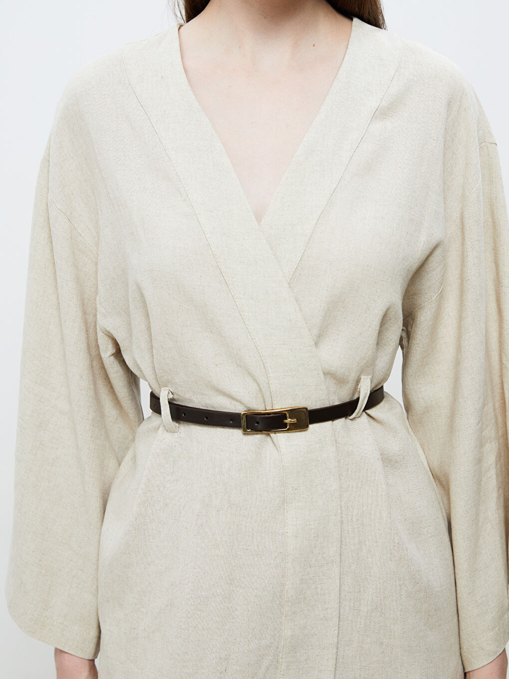 Bej Şal Yaka Kemerli Kadın Kimono-2