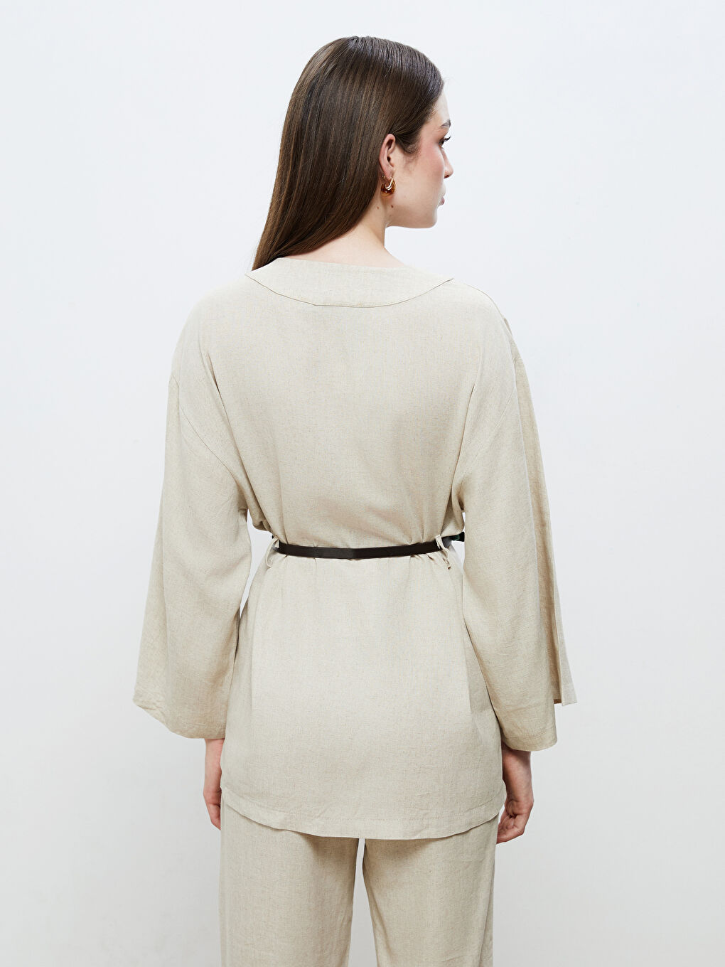 Bej Şal Yaka Kemerli Kadın Kimono-3