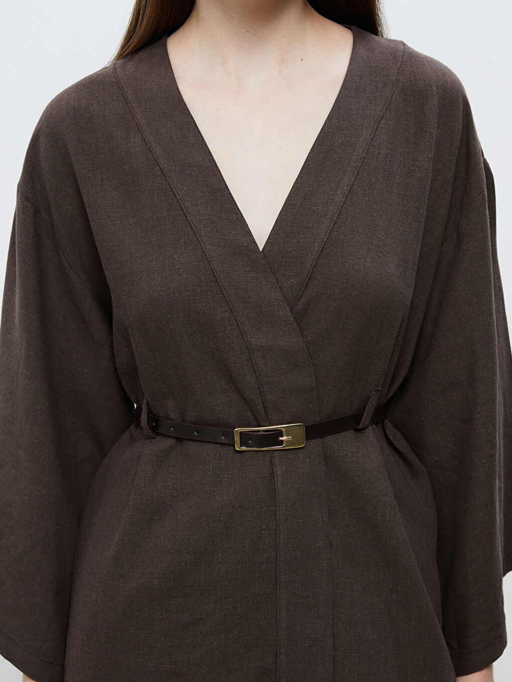 Kahverengi Şal Yaka Kemerli Kadın Kimono-2