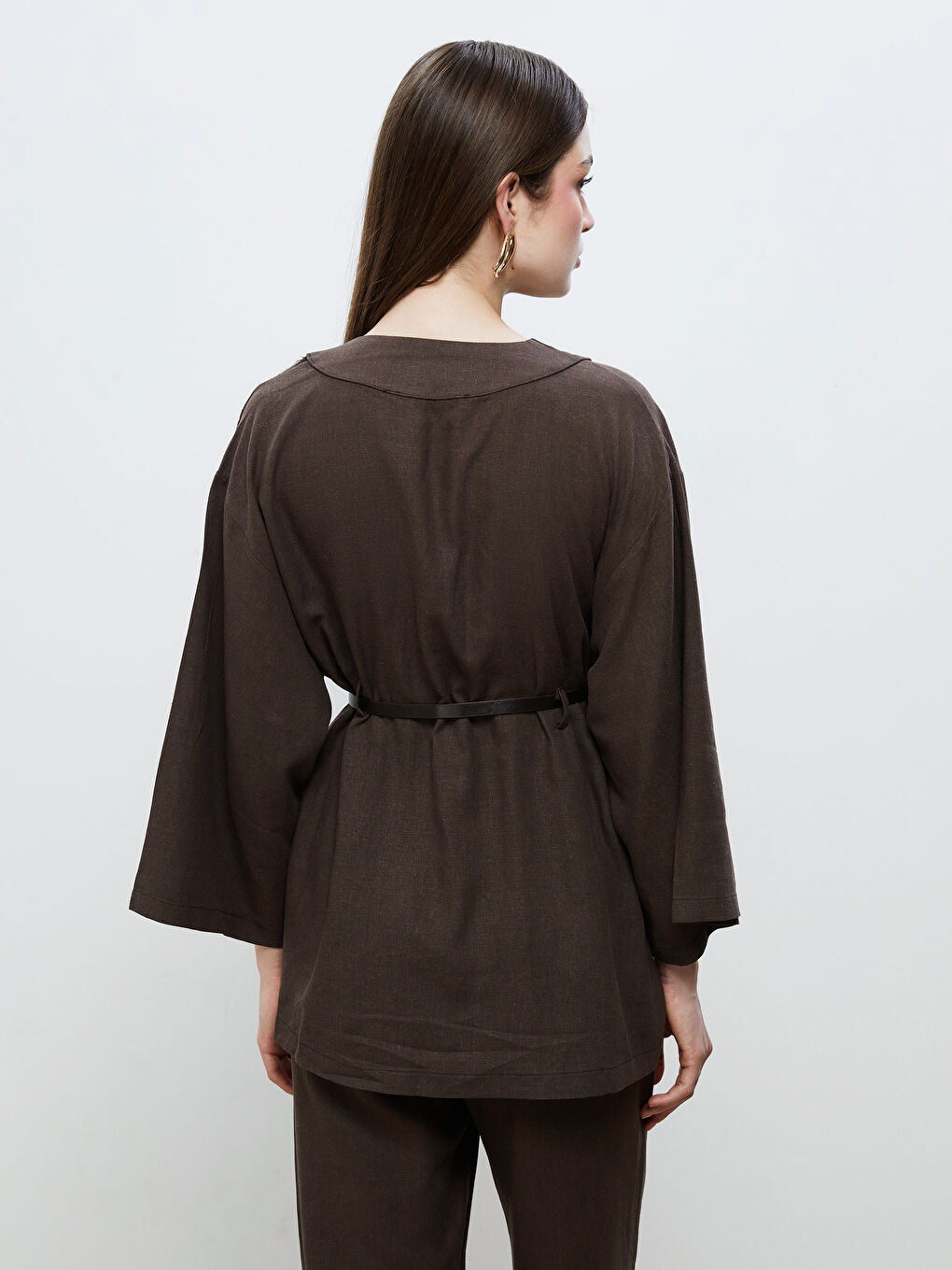 Kahverengi Şal Yaka Kemerli Kadın Kimono-3