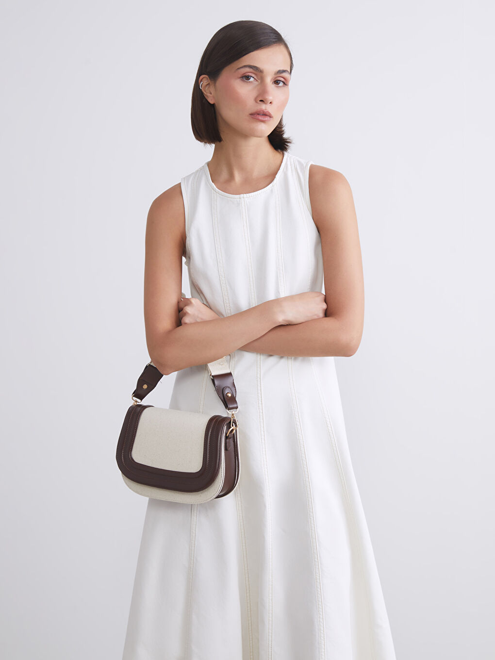 Beyaz Bisiklet Yaka Jean Elbise-1