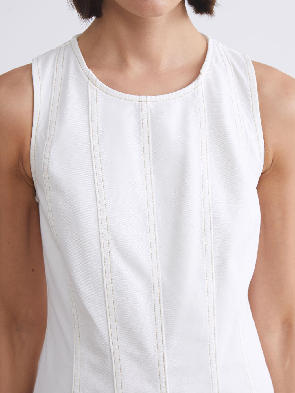 Beyaz Bisiklet Yaka Jean Elbise-2