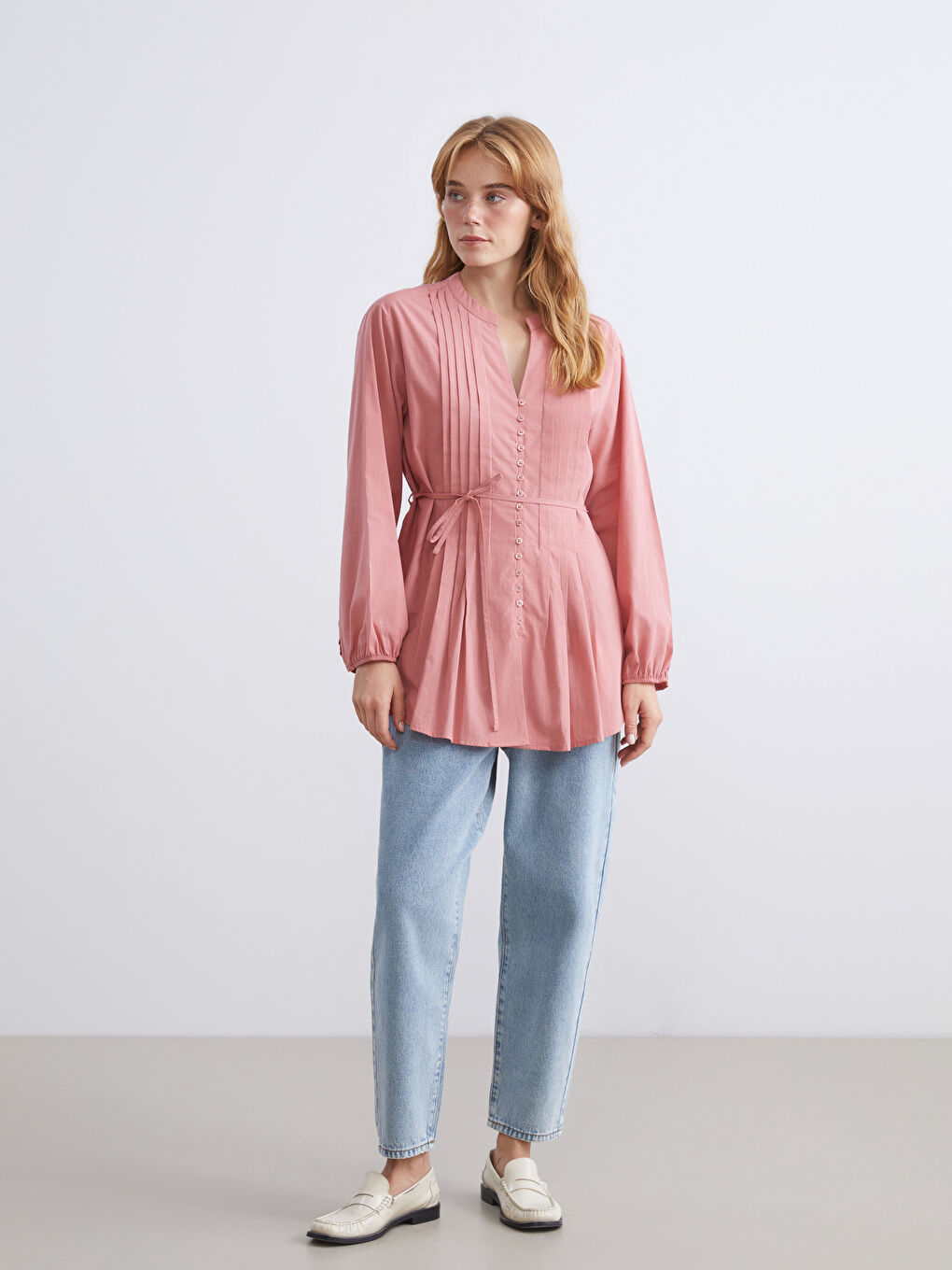 Pembe Kaçık Yaka Pileli Bluz-1