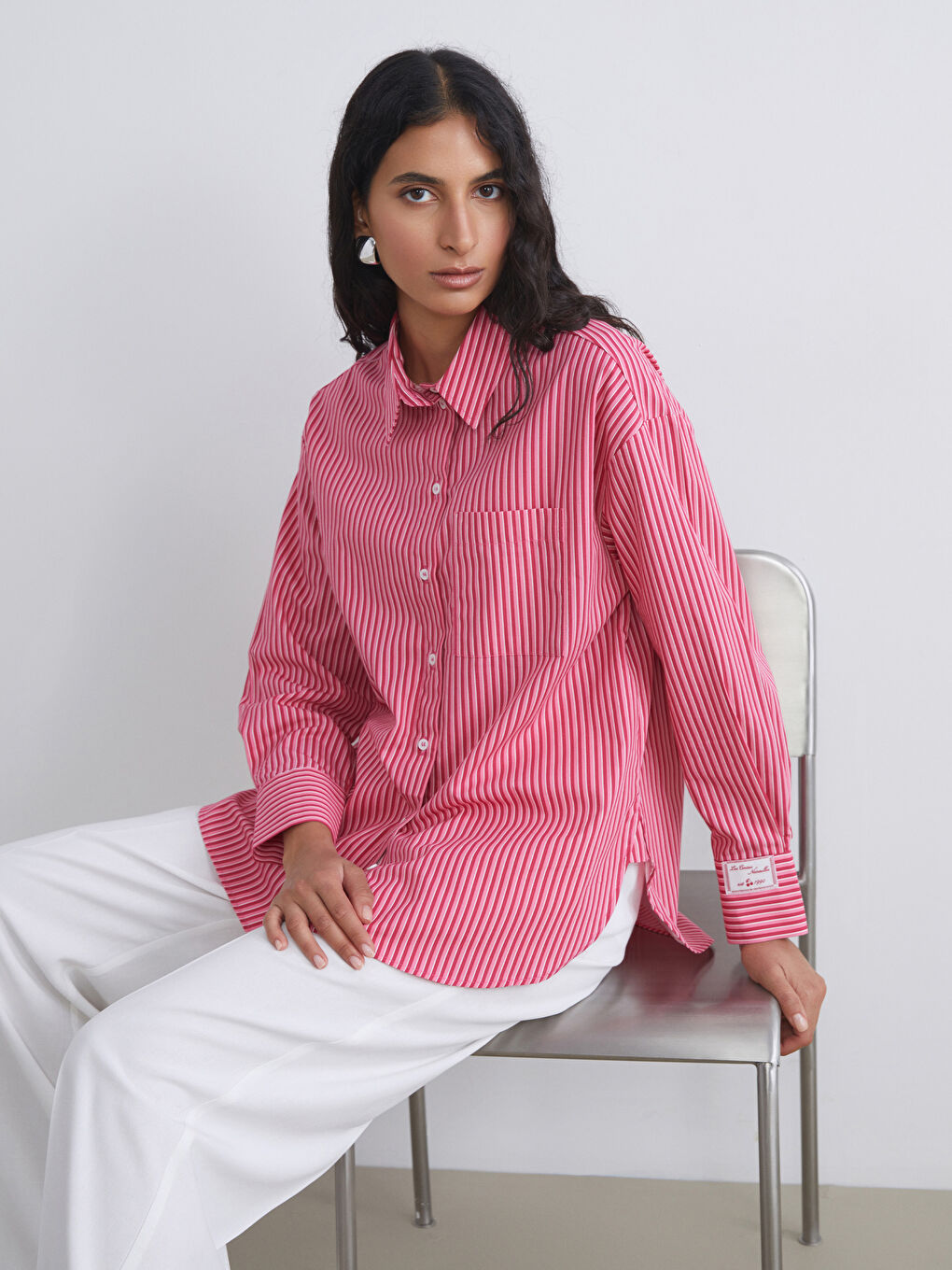 Kırmızı Çizgili Oversize Poplin Kadın Gömlek Tunik