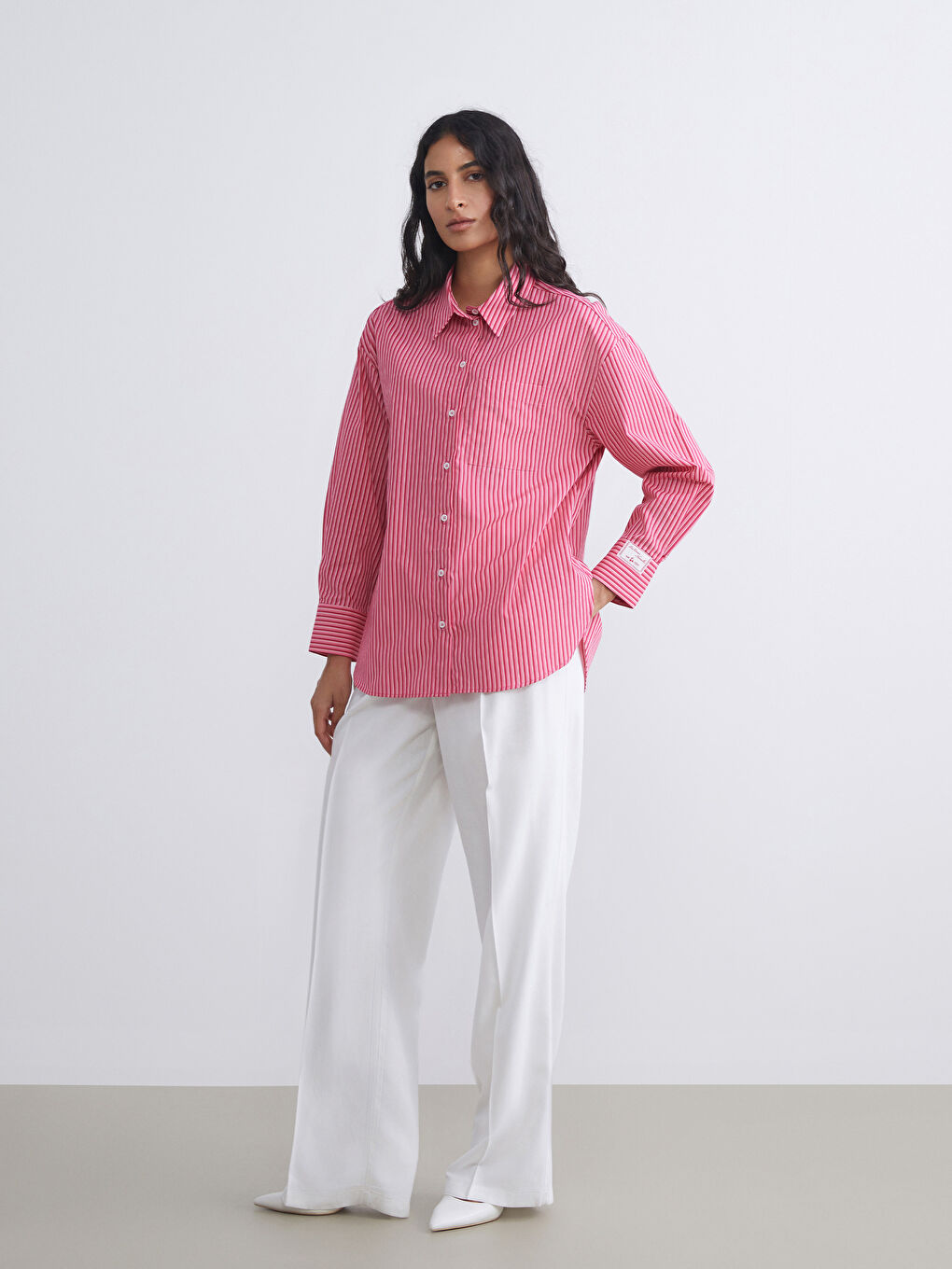 Kırmızı Çizgili Oversize Poplin Kadın Gömlek Tunik-1