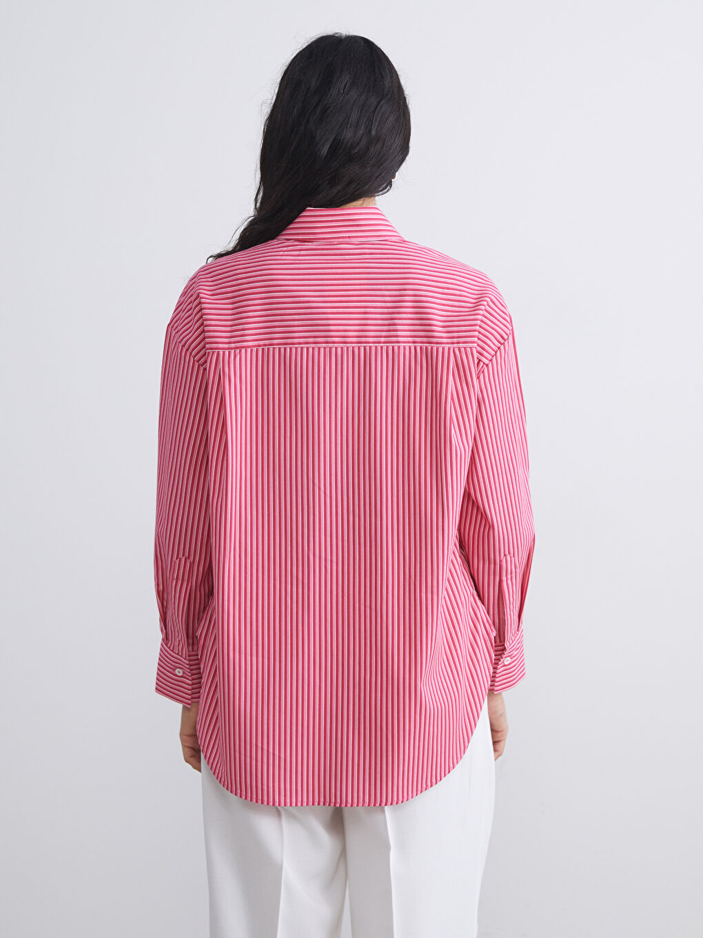 Kırmızı Çizgili Oversize Poplin Kadın Gömlek Tunik-3