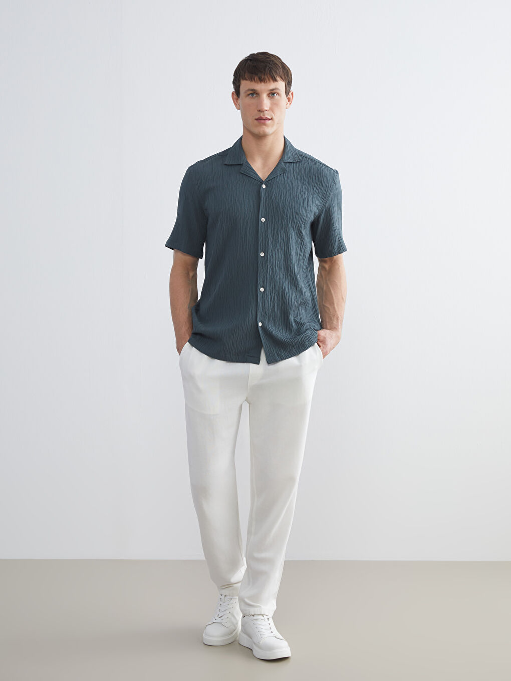 Petrol Regular Fit Resort Yaka Kısa Kollu Erkek Gömlek-1