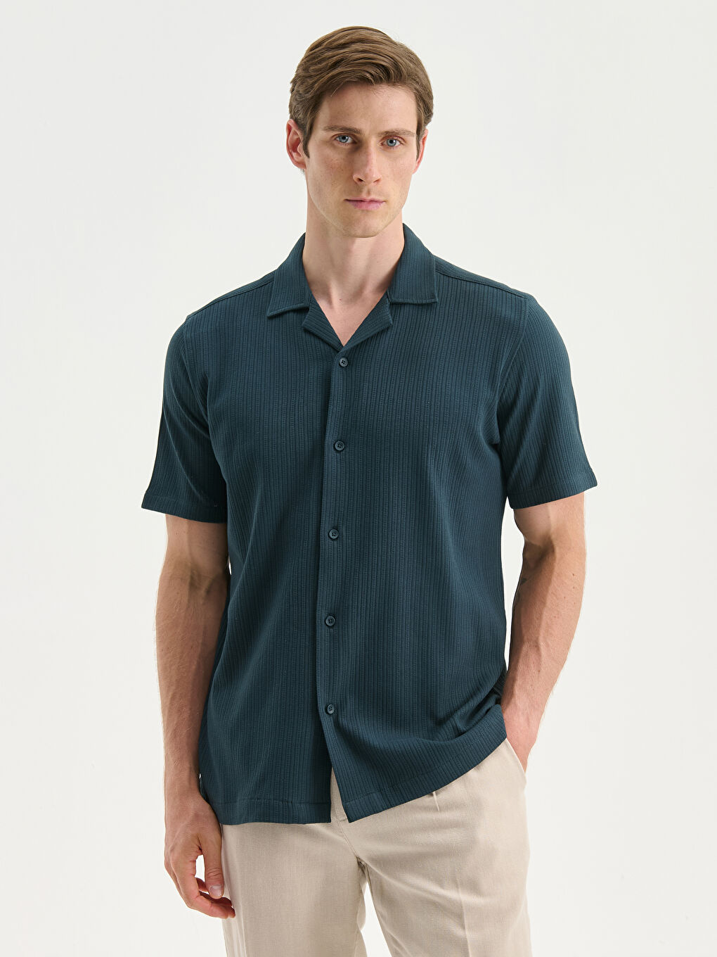 Petrol Regular Fit Resort Yaka Erkek Gömlek